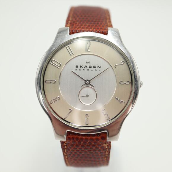 Skagen Men Two Tone Slim Swiss Parts 38mm Watch Brown Lizard Leather New Battery - Picture 3 of 16